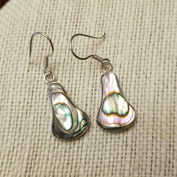 Vintage Jewelry - Vtg Mex Dainty Abalone Alpaca Earrings